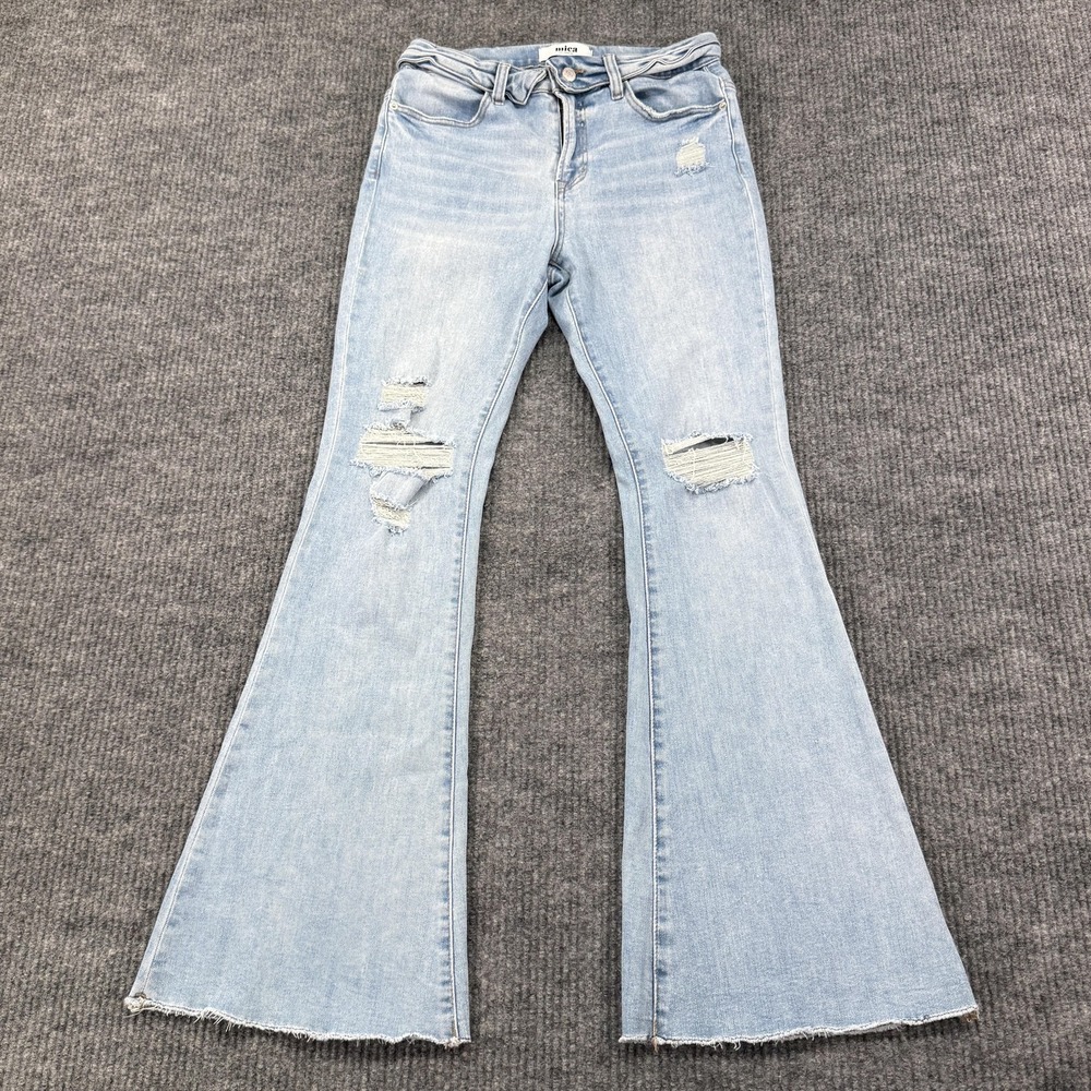 Mica Denim Flare Jeans Womens 29 Blue Light Wash High Rise Distressed Raw Hem